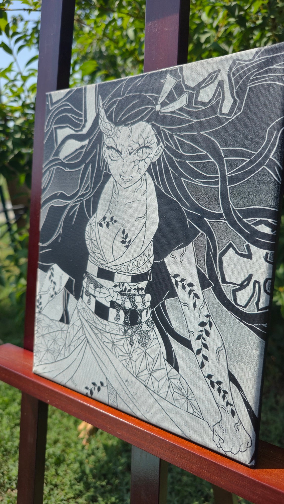 Détail gravure laser toile manga Nezuko Kamado Demon Slayer