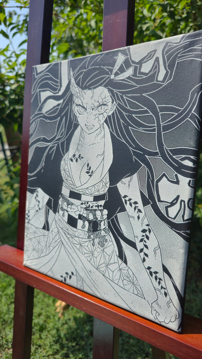 Détail gravure laser toile manga Nezuko Kamado Demon Slayer
