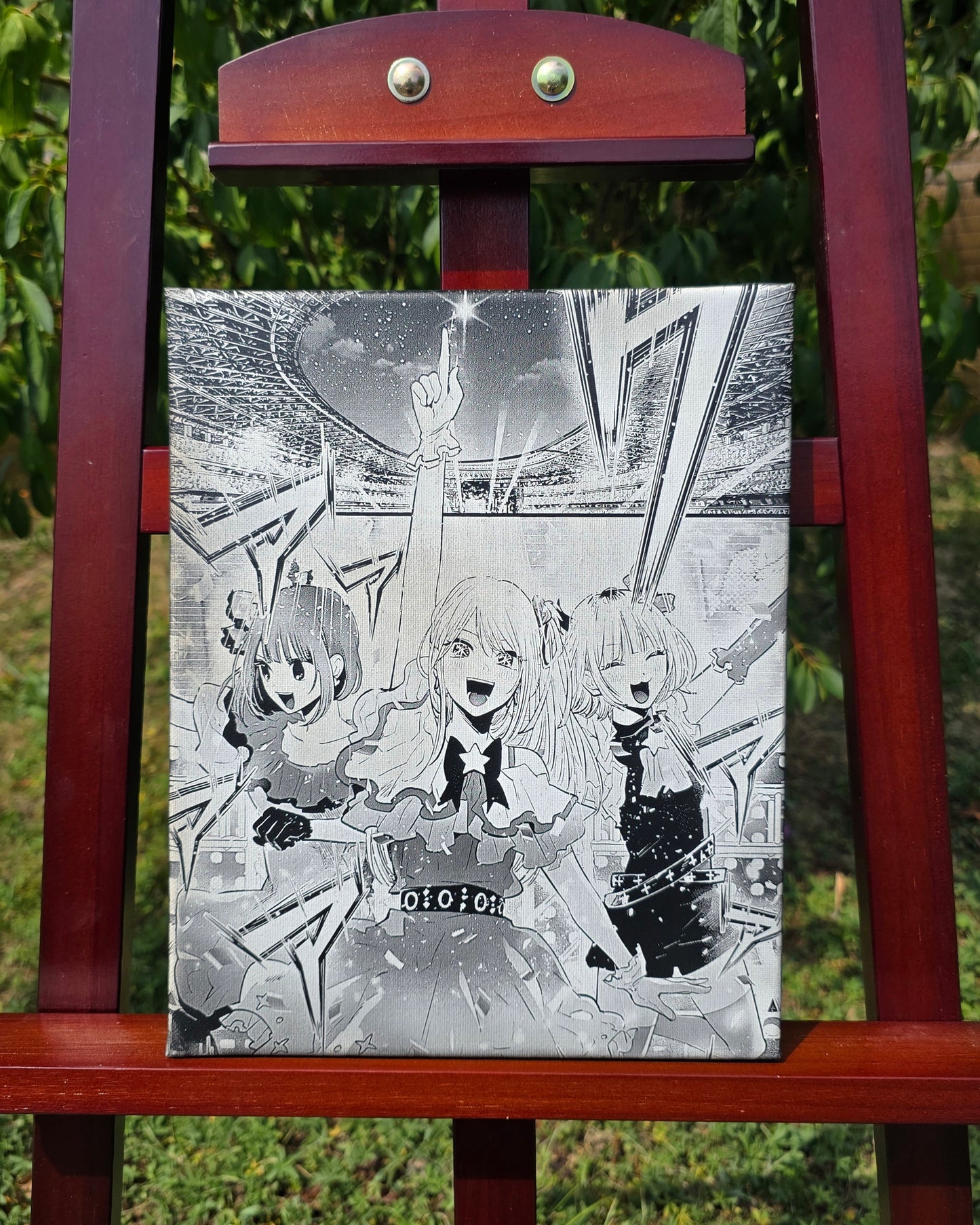 Tableau manga Oshi no Ko – Kana, Ruby et Memcho gravé au laser